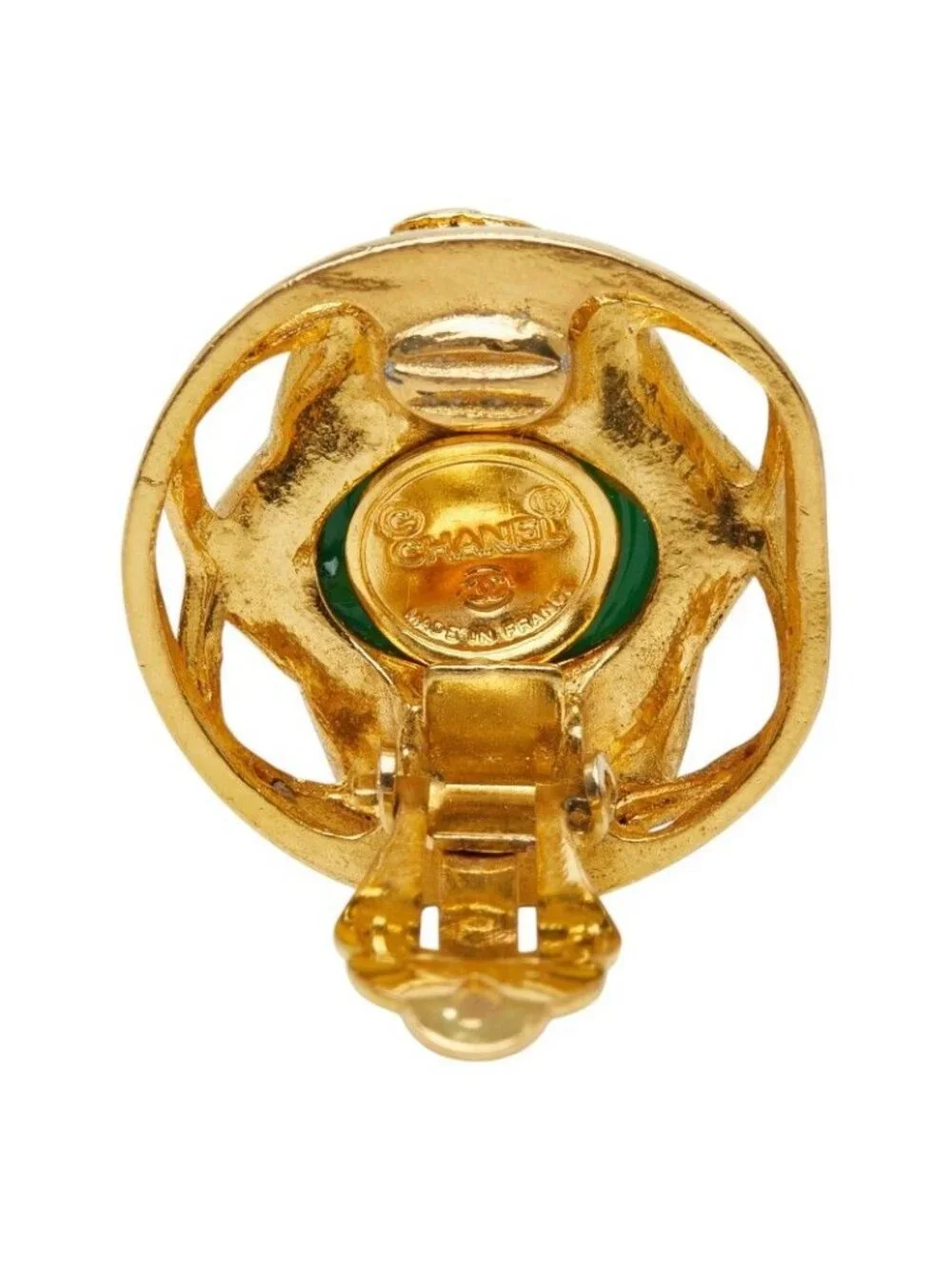 Chanel CC Logo Gripoix Vintage Round Single Earrings Green Gold Plated Glass